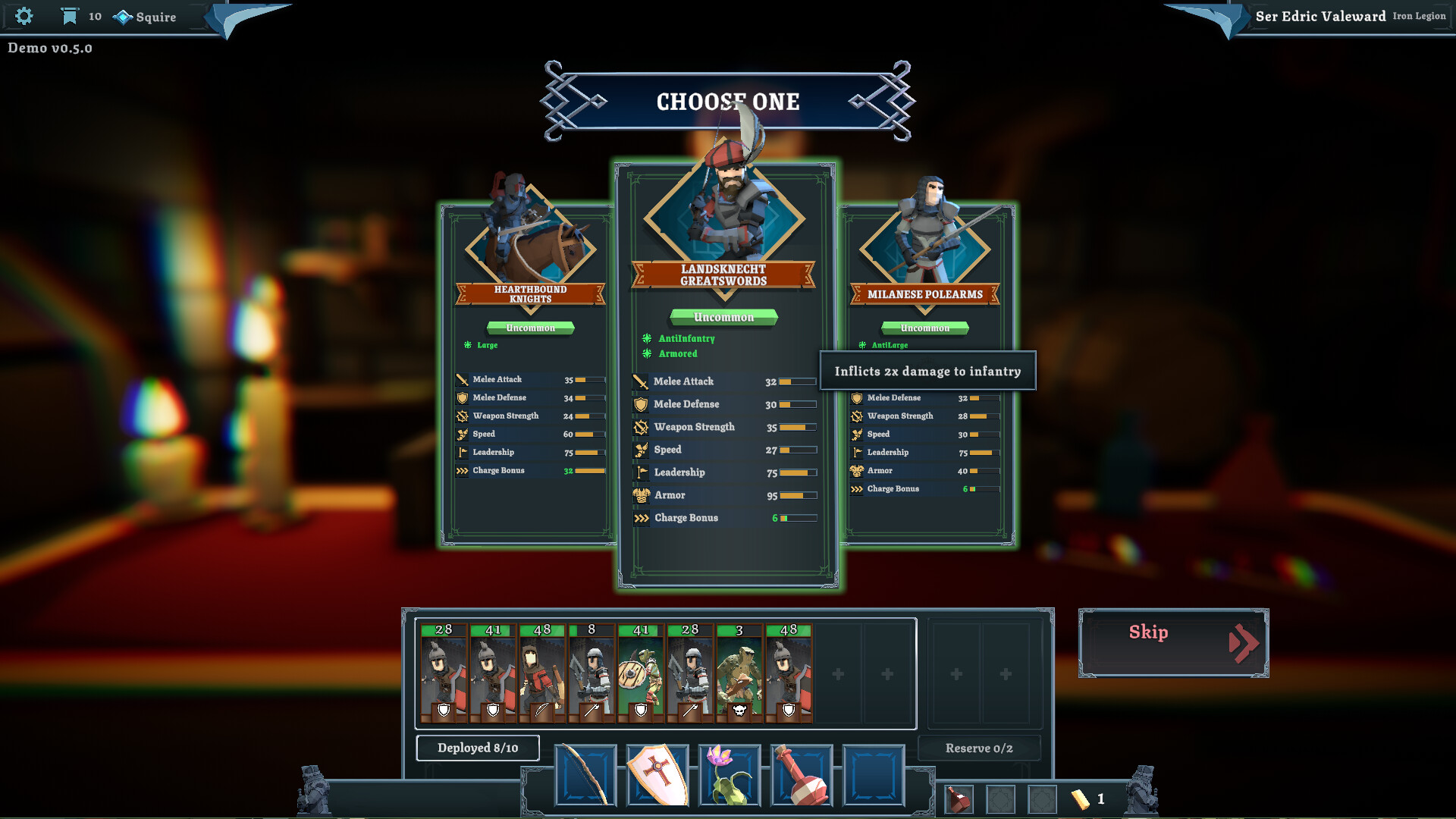 Tabletop Tavern unit choice screen with gear and item slots visible