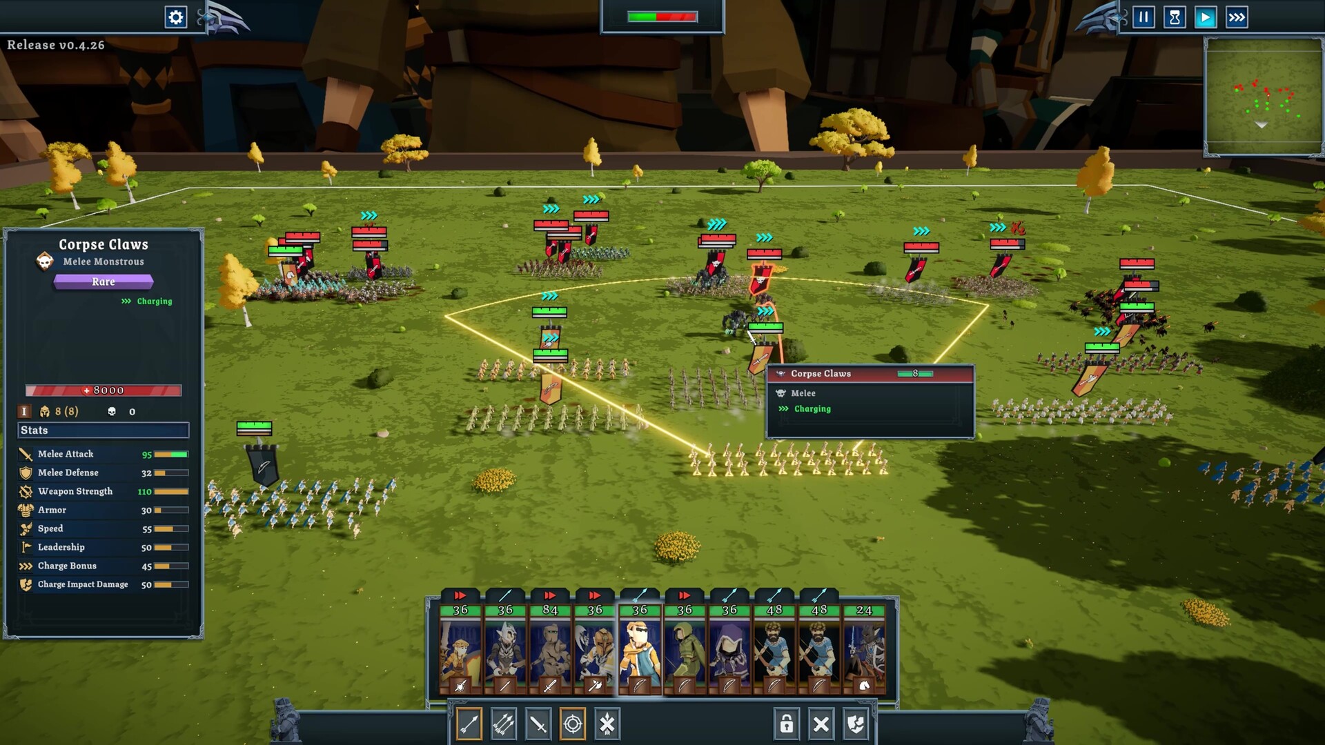 Tabletop Tavern battle screen showing unit cards, enemy details, and control buttons