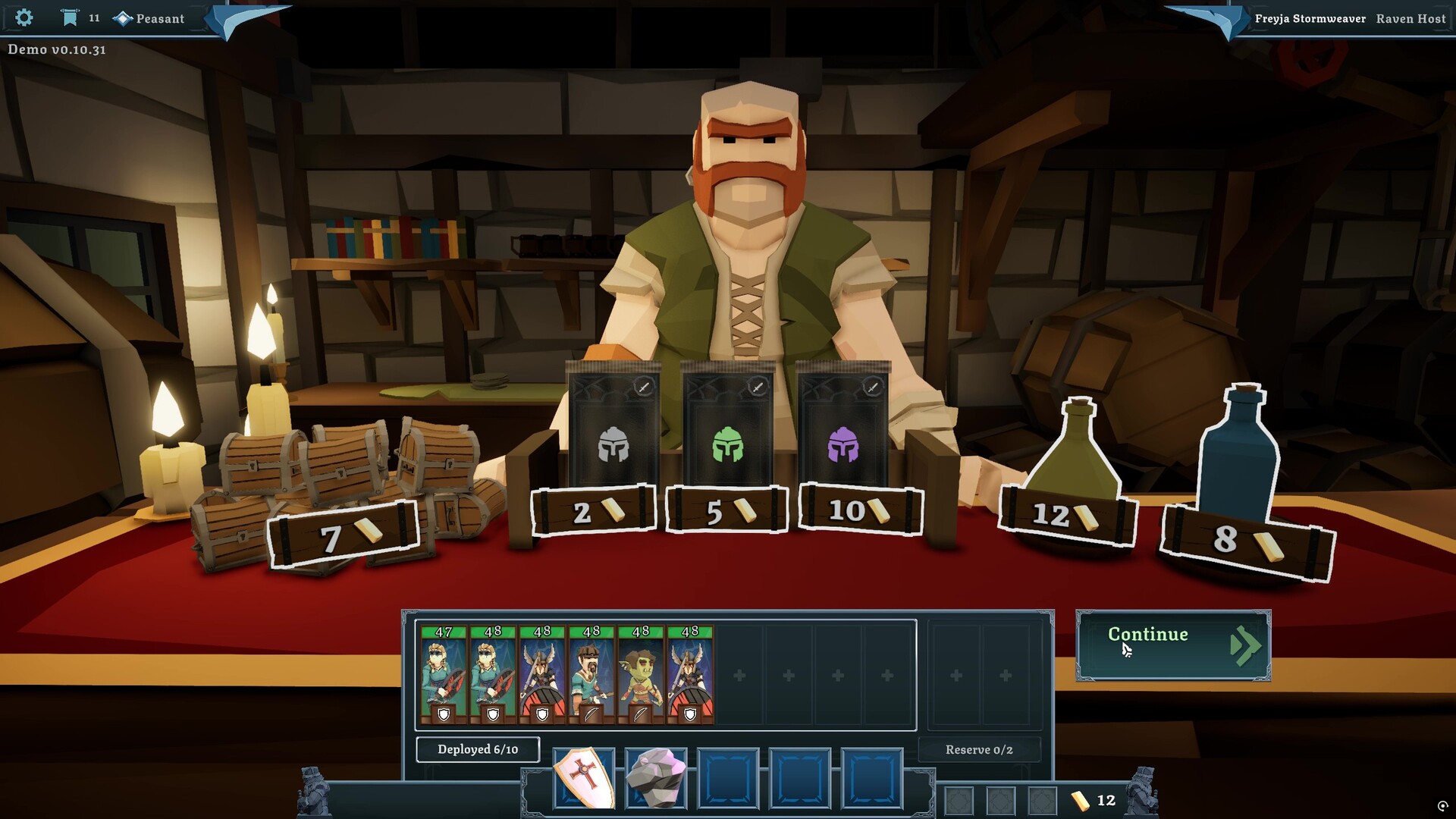 Tabletop Tavern shop screen with chests, gear cards, and potion items